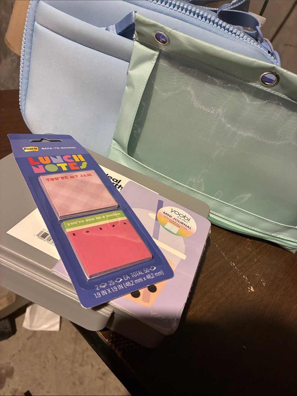 Target Kids Mint and Light Blue Lunch Bag with Colorful Sticky Notes